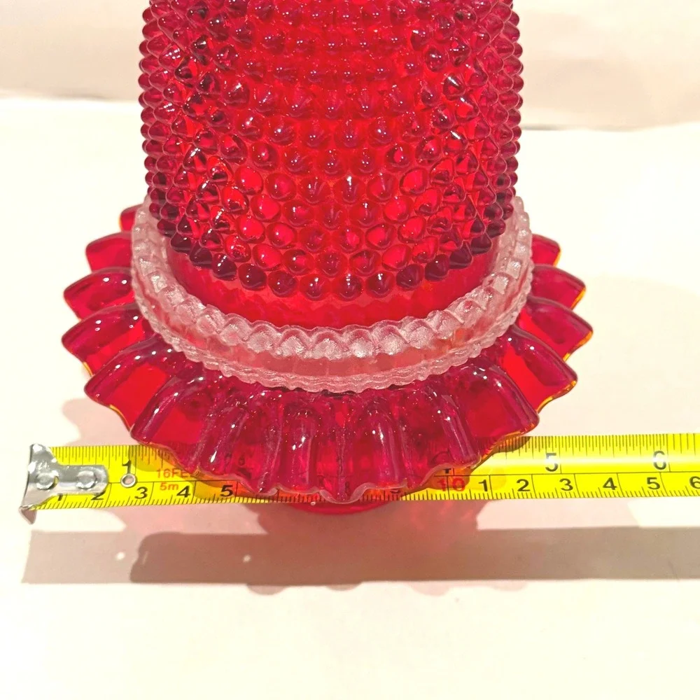 Vintage Fenton LG Wright Ruby Red Hobnail 3 Pc Fairy Lamp Ruffled UV Glow